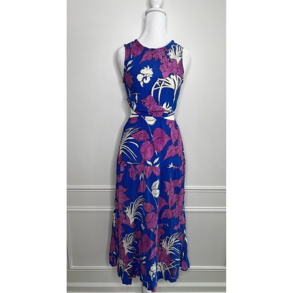 Mango Dresses & Skirts - Mango MNG Blue Purple Floral Plissé Cut-Out Maxi Dress XS Sleeveless Summer